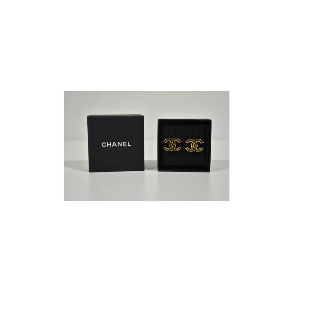 Chanel 23C Gold Black Interlocking CC Logo Classic Drop Statement Stud Earrings - Picture 4 of 8